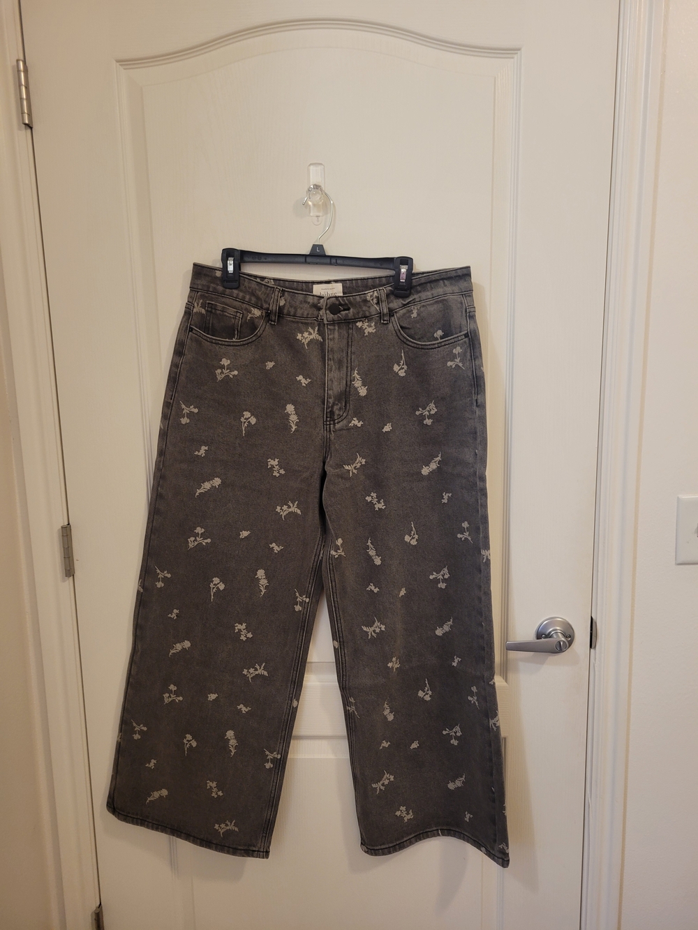 bohme Washed Black Jeans with Subtle White Floral Embroidery